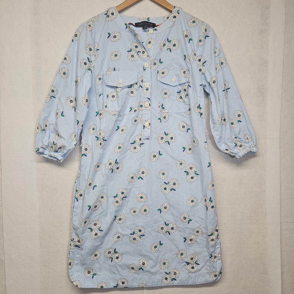 Tommy Hilfiger Blue White Striped Floral Cotton Dress with Pockets Women’s Sz 4